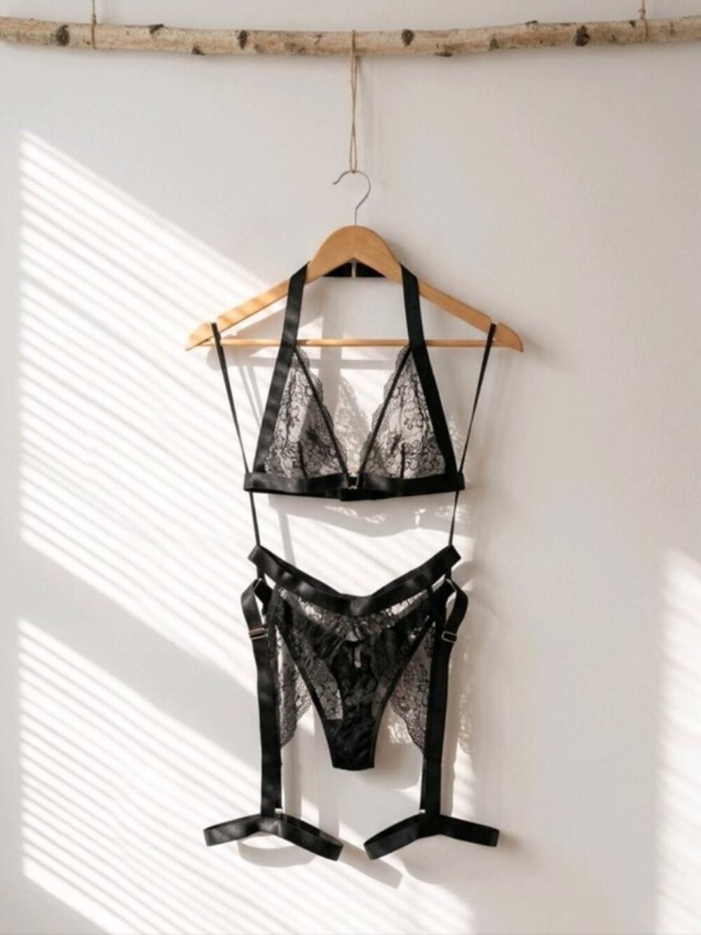 Fashion Nova All Your Attention Satin Trim Sheer Eyelash Lace Garter Set Black